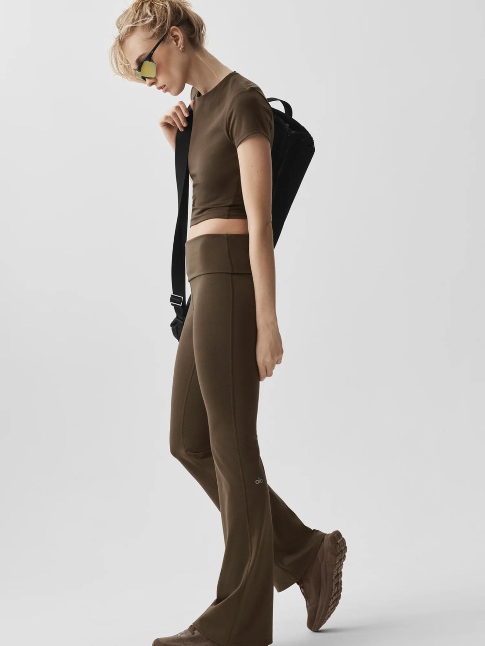 Alo Yoga Espresso Brown Softsculpt Foldover Flare Leggings Yoga Pants XXS New